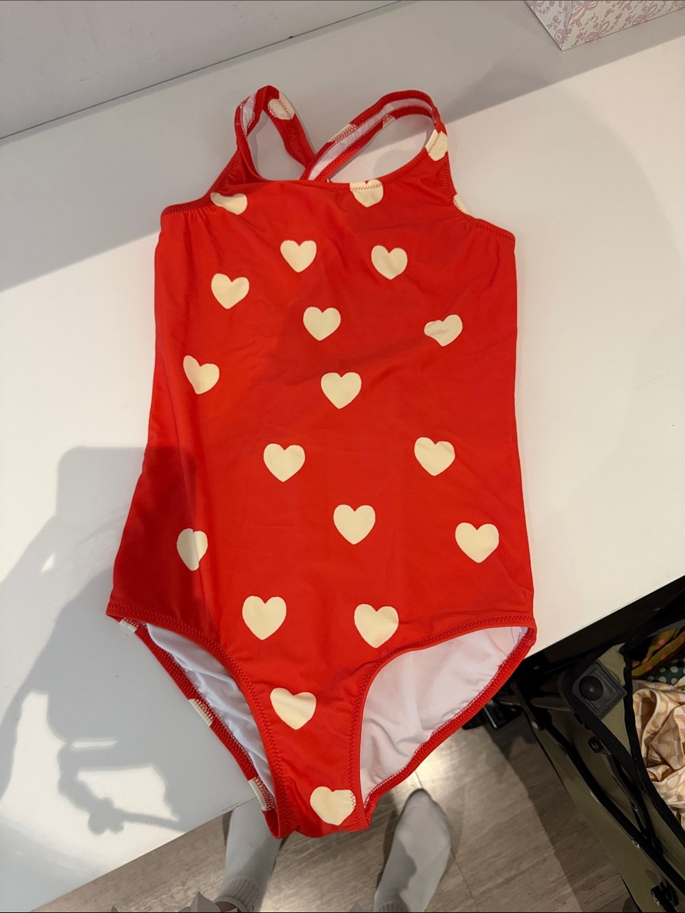 Mini Rodini Red One-Piece Swimsuit with Cream Heart Print